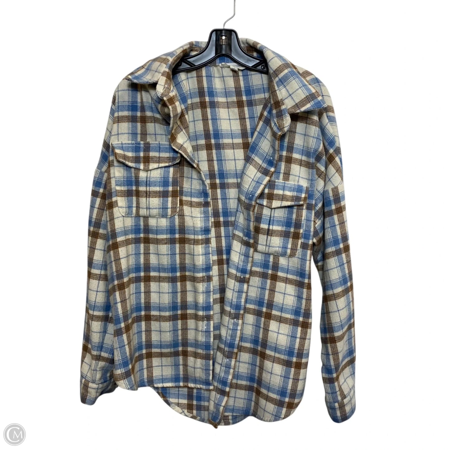 Jacket Shirt By Peach Love Cream California In Plaid Pattern, Size: L