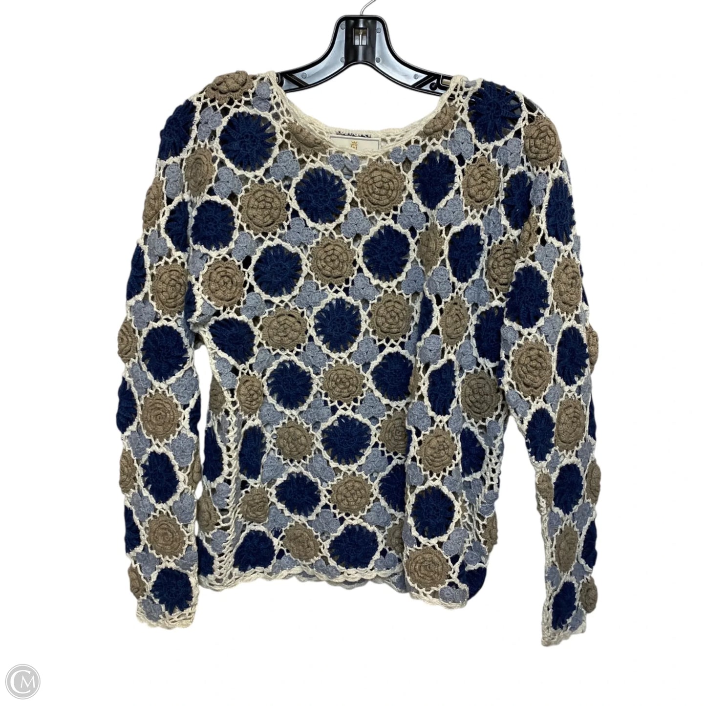 Top Long Sleeve By Express Tricot In Blue & Cream, Size: M