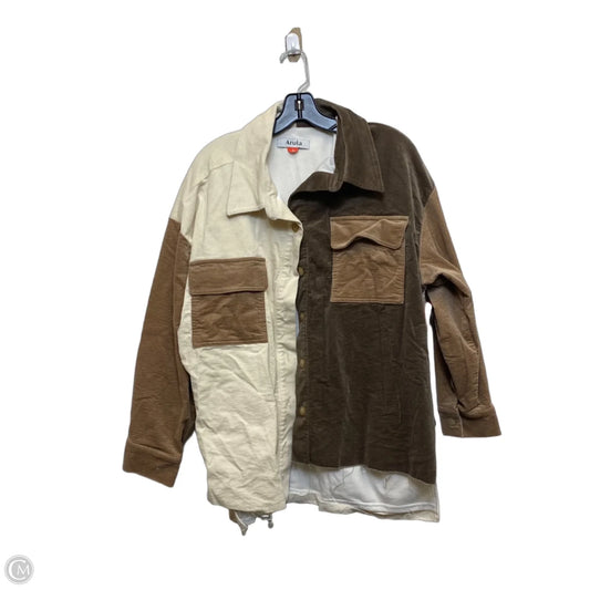 Jacket Shirt By Arula In Brown & Cream, Size: 1x