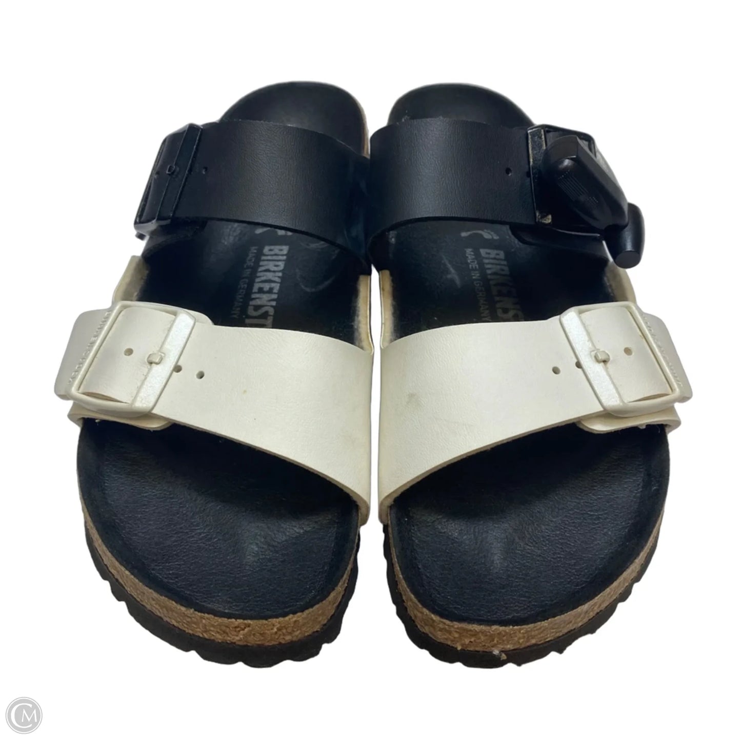 Sandals Flats By Birkenstock In Black & White, Size: 6.5