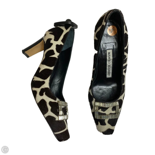 Shoes Luxury Designer By Manolo Blahnik In Brown & Cream, Size: 5