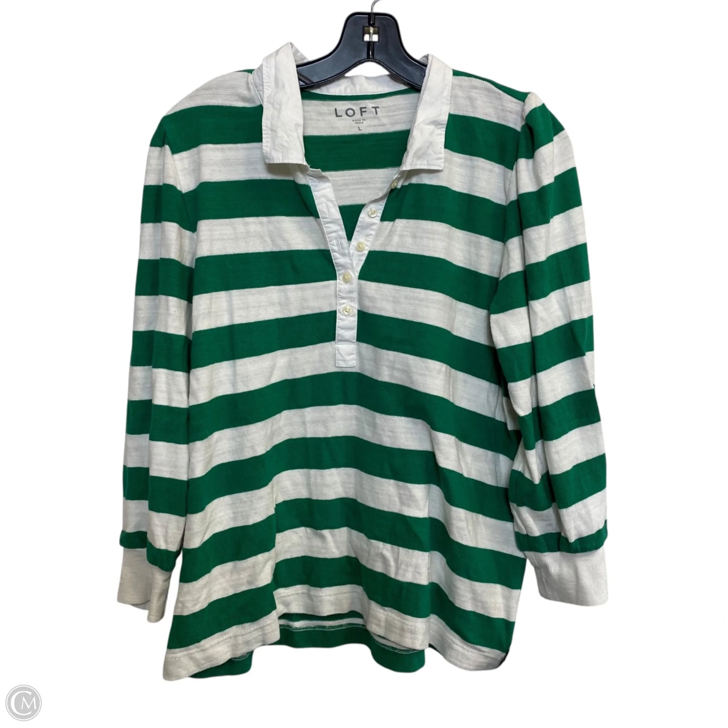 Top Long Sleeve By Loft In Green & White, Size: L