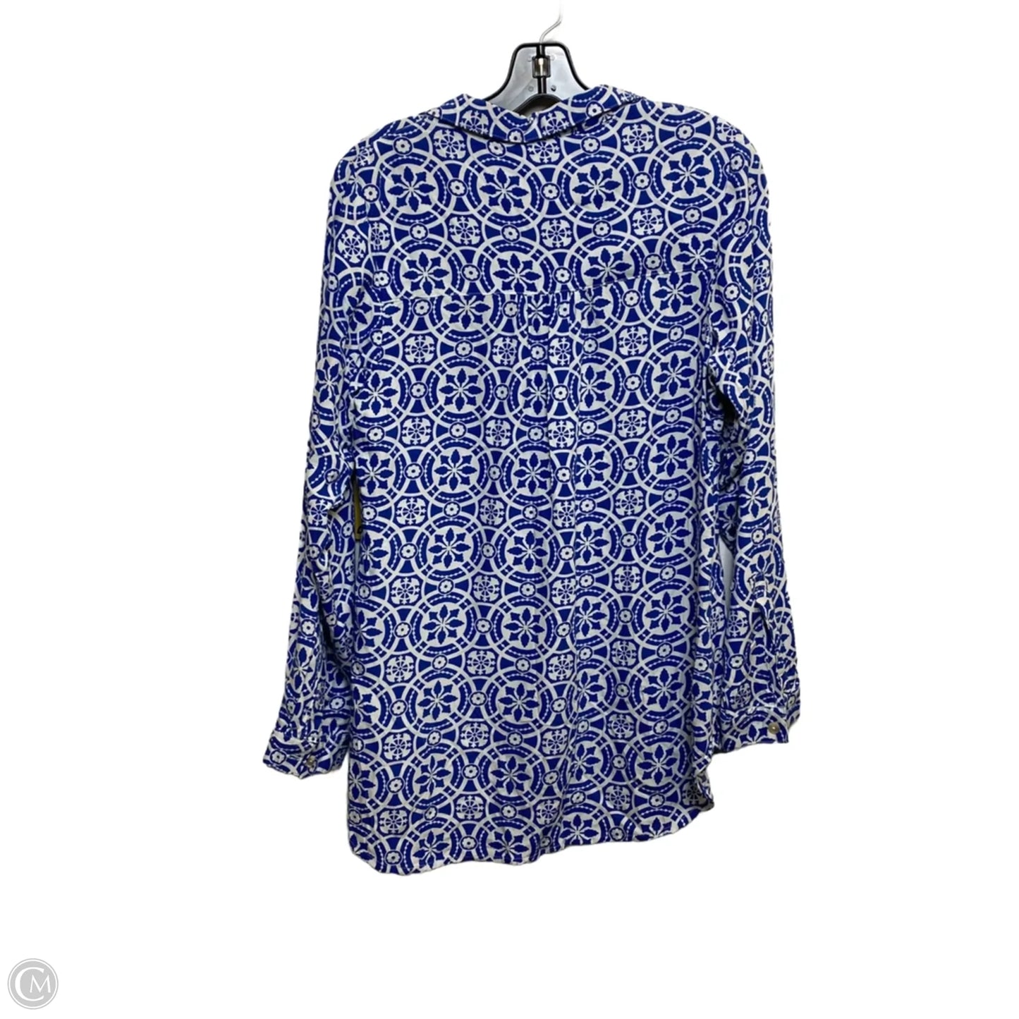 Top Long Sleeve Designer By Escada In Blue & White, Size: M
