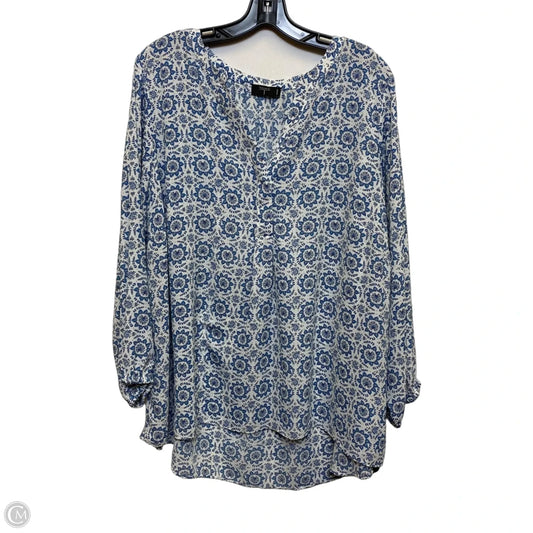 Blouse Long Sleeve By Tahari In Blue & White, Size: 2x